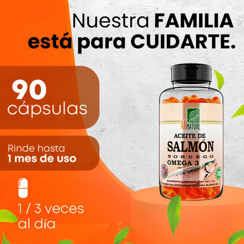 ACEITE DE SALMON NORUEGO, FRASCO CON 90 CAPS DE 1.3G C/U ALL NATURE/ NVA PRESENTACION