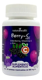 Natural Health Berry-C Kids | 30 Tabletas Masticables de 800 mg | Vitamina C, Zinc y Elderberry | Soporte Inmunológico Infantil | Suplemento Alimenticio