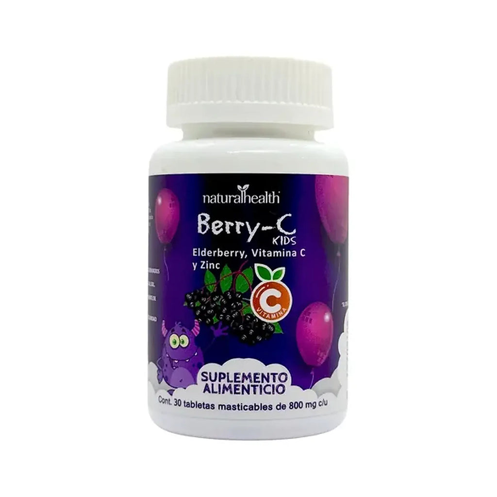 Natural Health Berry-C Kids | 30 Tabletas Masticables de 800 mg | Vitamina C, Zinc y Elderberry | Soporte Inmunológico Infantil | Suplemento Alimenticio