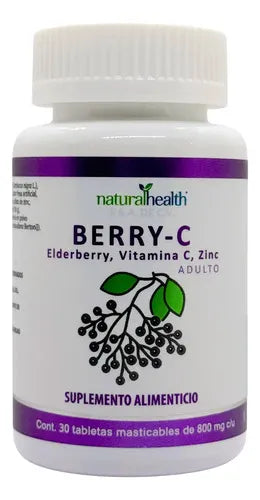 Natural Health Berry-C | Elderberry, Vitamina C y Zinc | 30 Tabletas Masticables de 800 mg | Soporte Inmunológico | Suplemento Alimenticio