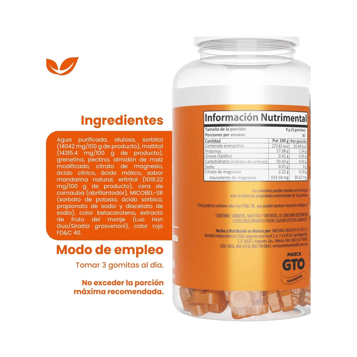Natural Health Citrato de Magnesio CIT-MG | Apoyo Muscular y Nervioso | Sabor Mandarina | 90 Gomitas