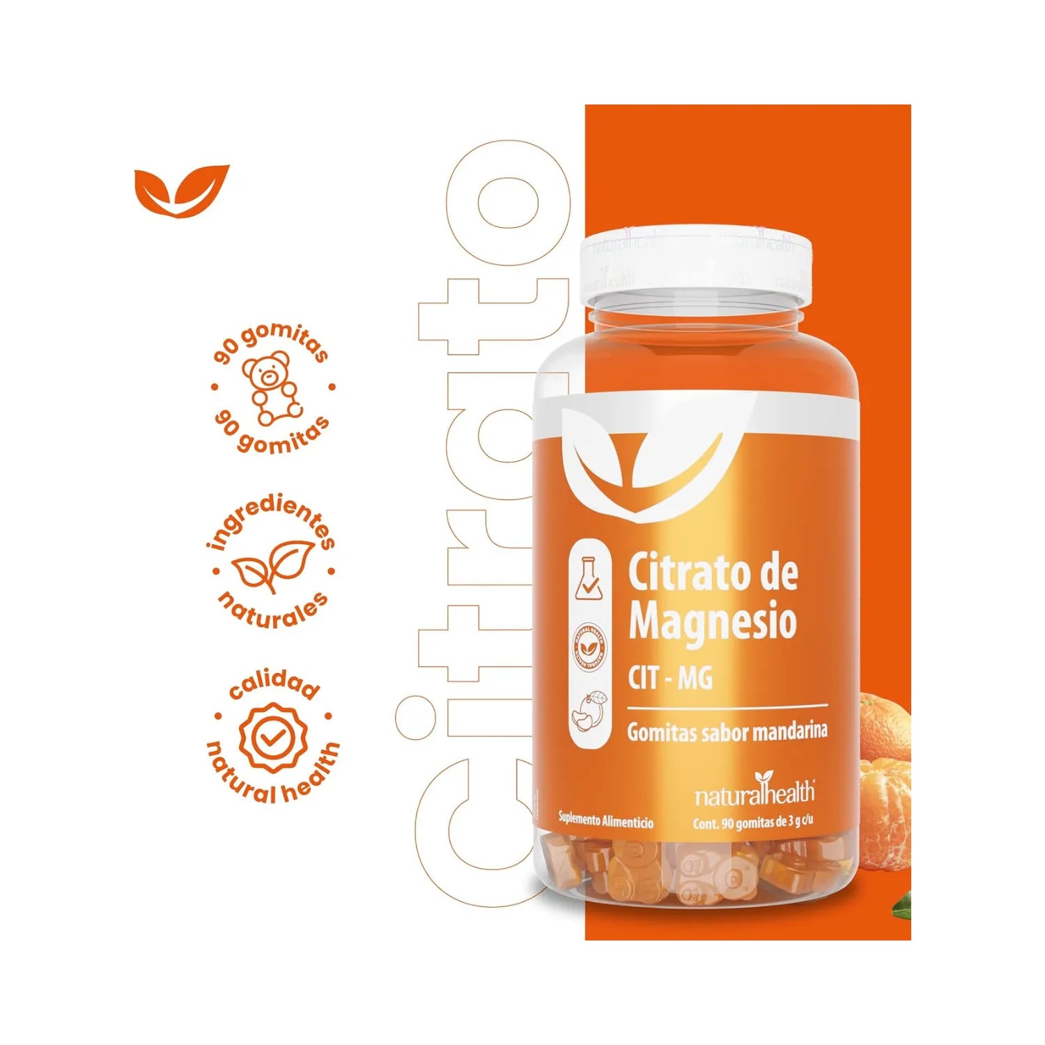 Natural Health Citrato de Magnesio CIT-MG | Apoyo Muscular y Nervioso | Sabor Mandarina | 90 Gomitas