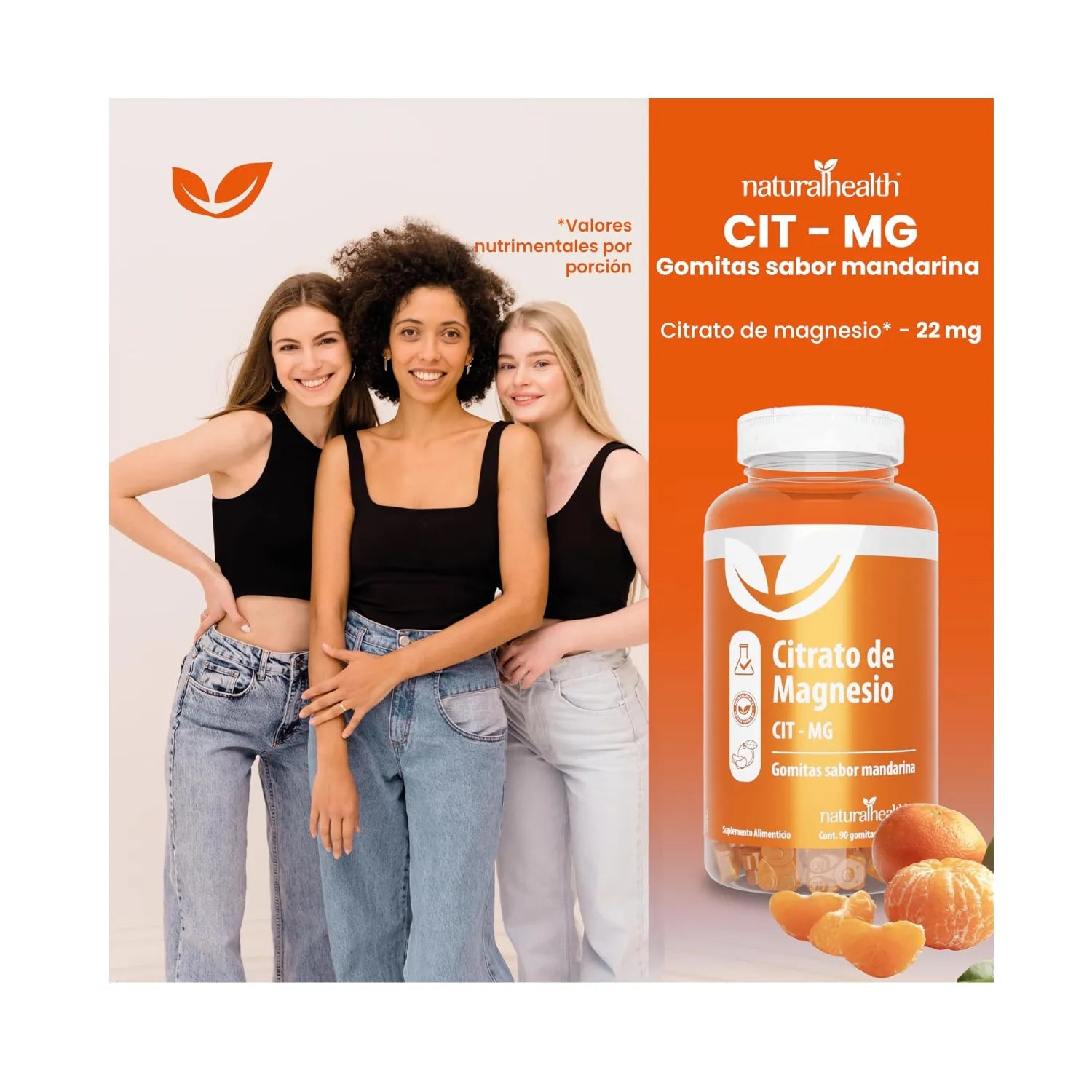 Natural Health Citrato de Magnesio CIT-MG | Apoyo Muscular y Nervioso | Sabor Mandarina | 90 Gomitas