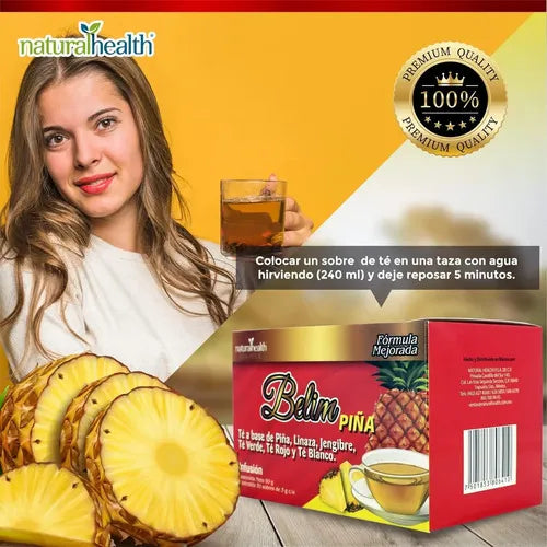 Natural Health Belim Piña | 30 Sobres de 3 g | Té Herbal con Linaza y Jengibre | Sabor Piña | Infusión Natural