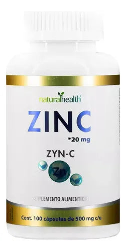 NATURAL HEALTH | Zyn-C Zinc | 100 Cápsulas de 500 mg | Apoyo al Sistema Inmunológico y Salud de la Piel