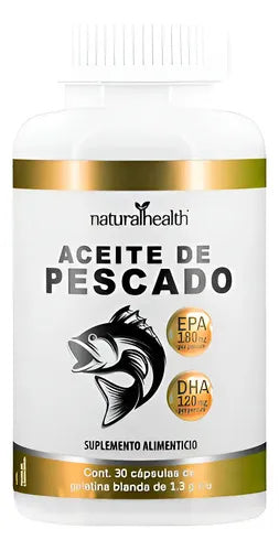 NATURAL HEALTH | Aceite de Pescado Omega 3 EPA y DHA | 30 Cápsulas de 1.3 g | Apoyo Cardiovascular, Cerebral y Salud Visual
