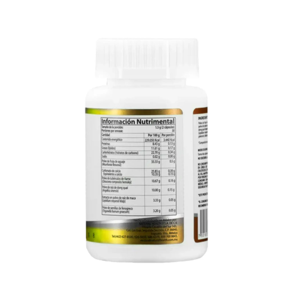 Natural Health Aguaje Peruano | Aguaje, Maca, Ñame, Dong Quai y Fenogreco | Bienestar General | 60 Cápsulas de 750 mg