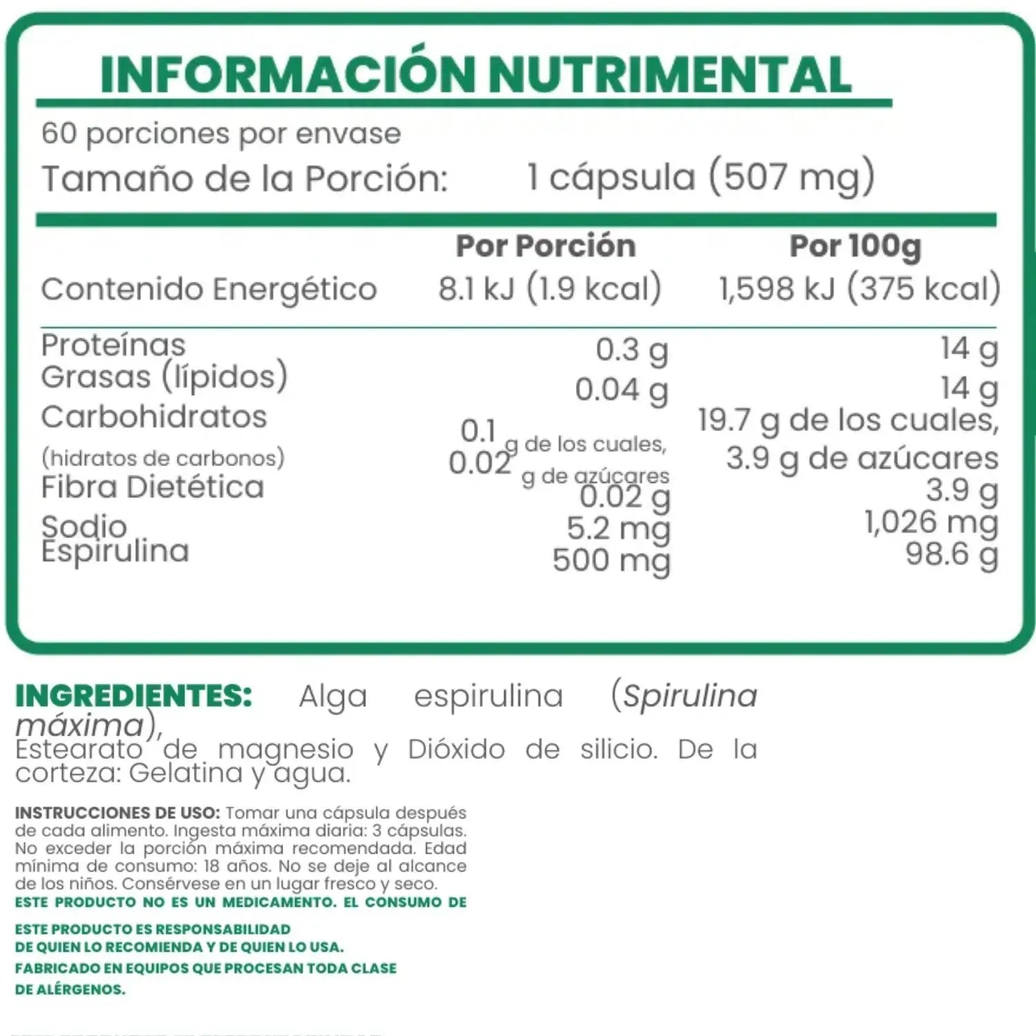 Flairfit Spirulina Plus 60 Caps Con 507mg Sfn