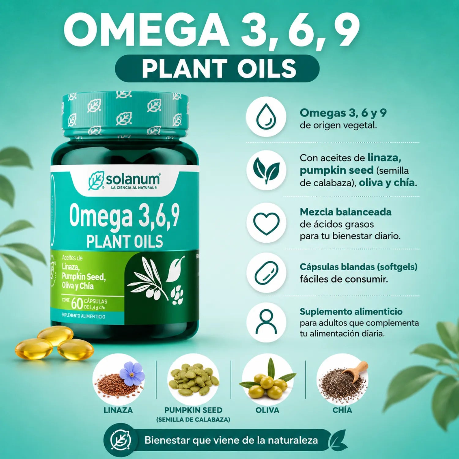 SOLANUM OMEGA 3,6,9 DE LINAZA PUMPKIN SEED, 60 CAPS SFN