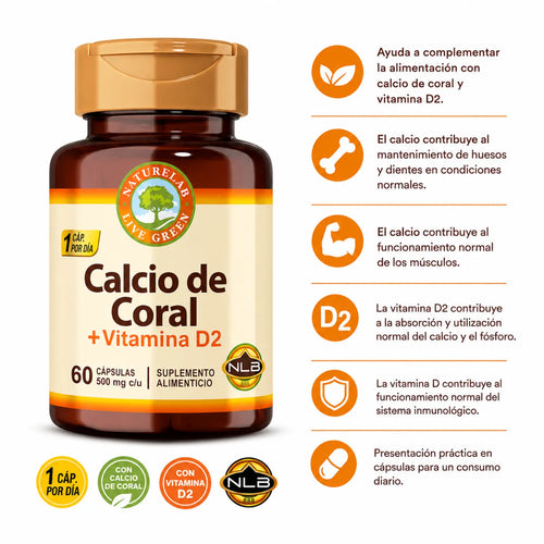 CALCIO DE CORAL CON VITAMINA D2 60 CAPSULAS SUPLEMENTO NATURELAB