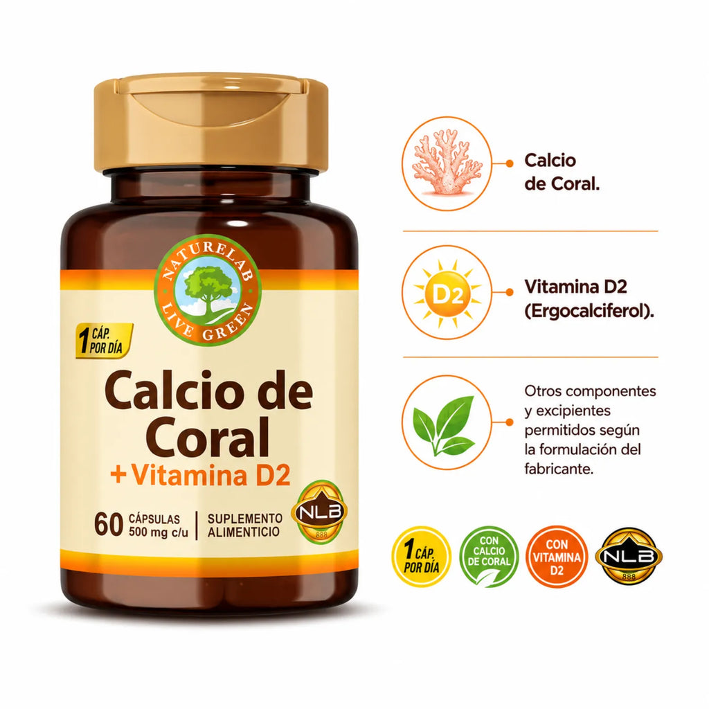 CALCIO DE CORAL CON VITAMINA D2 60 CAPSULAS SUPLEMENTO NATURELAB