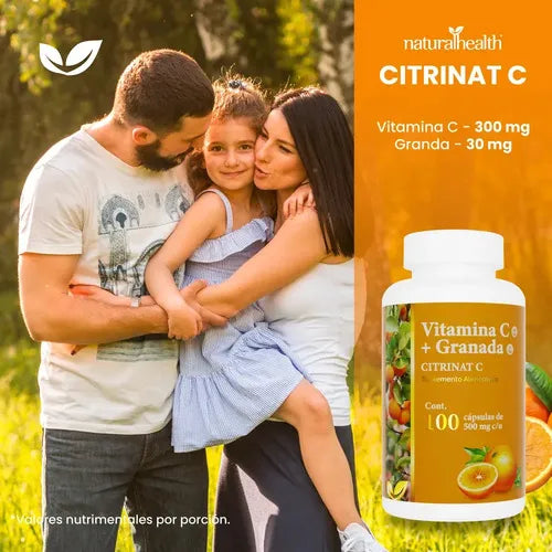 NATURAL HEALTH | Citrinat C Vitamina C + Granada | 100 Cápsulas de 500 mg | Apoyo Inmunológico y Antioxidante