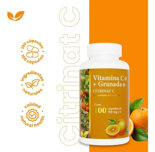 NATURAL HEALTH | Citrinat C Vitamina C + Granada | 100 Cápsulas de 500 mg | Apoyo Inmunológico y Antioxidante