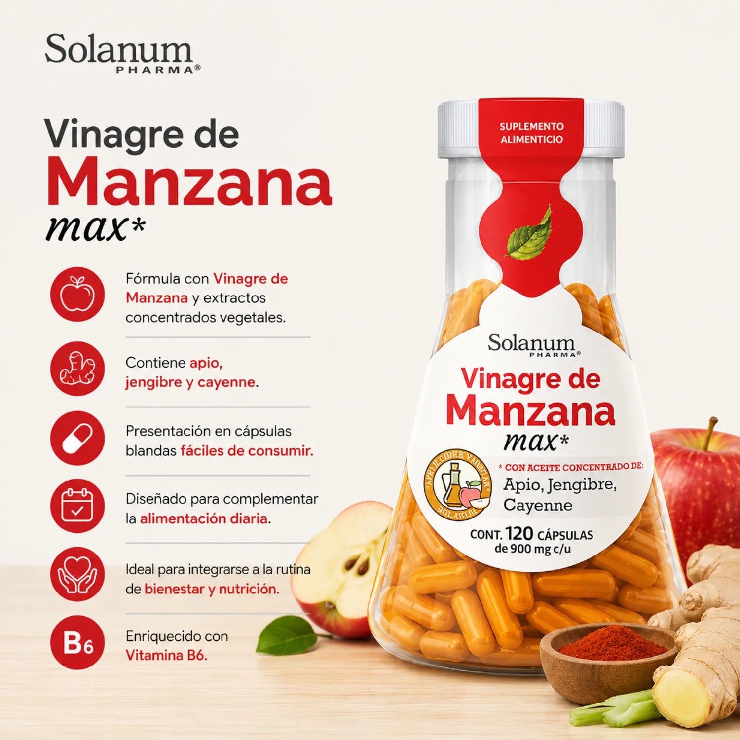 Solanum Vinagre De Manzana Con Apio, Jengibre, 120 Caps