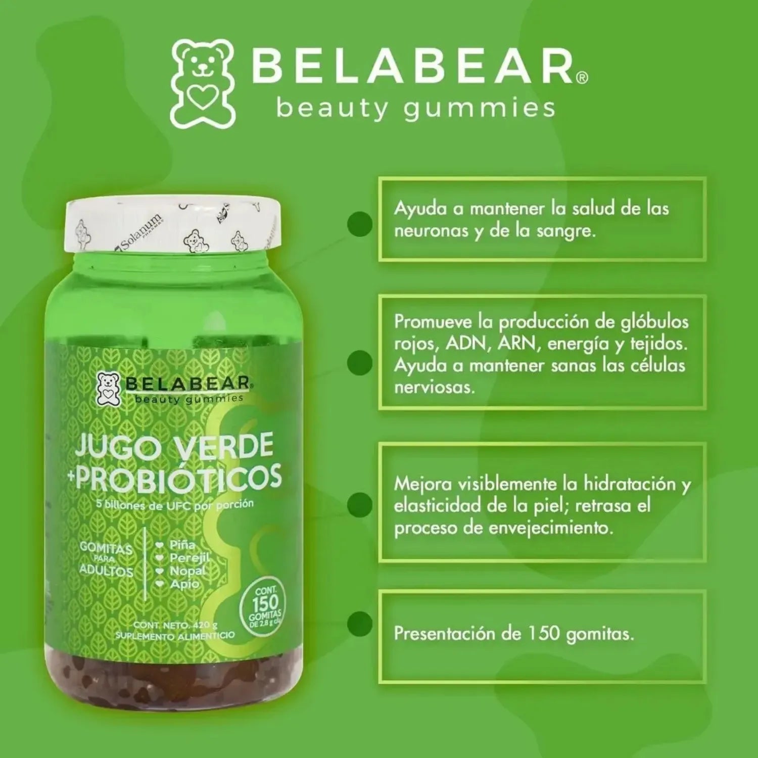 SOLANUM BELABEAR JUGO VERDE + PROBIÓTICOS 150 GOMITAS SFN