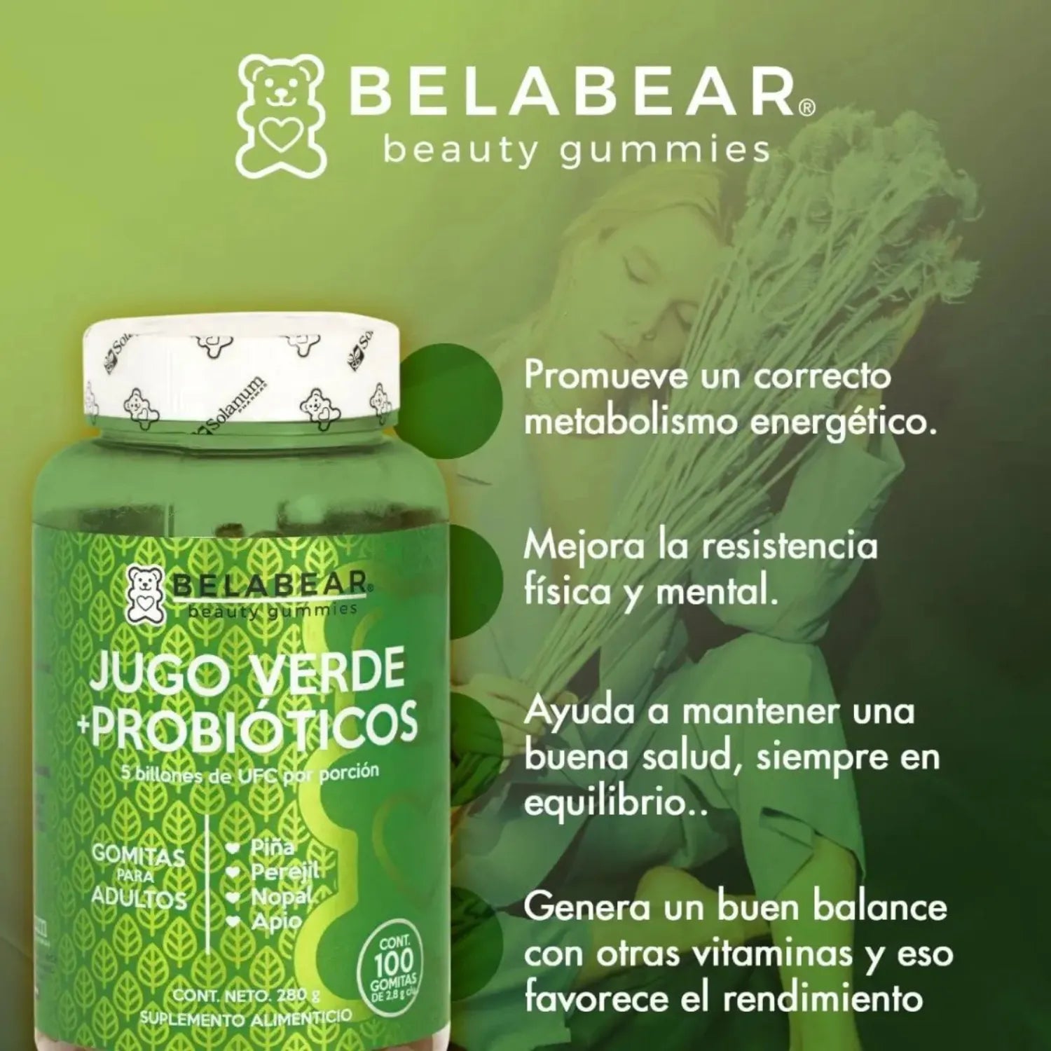 SOLANUM BELABEAR JUGO VERDE + PROBIÓTICOS 100 GOMITAS SFN