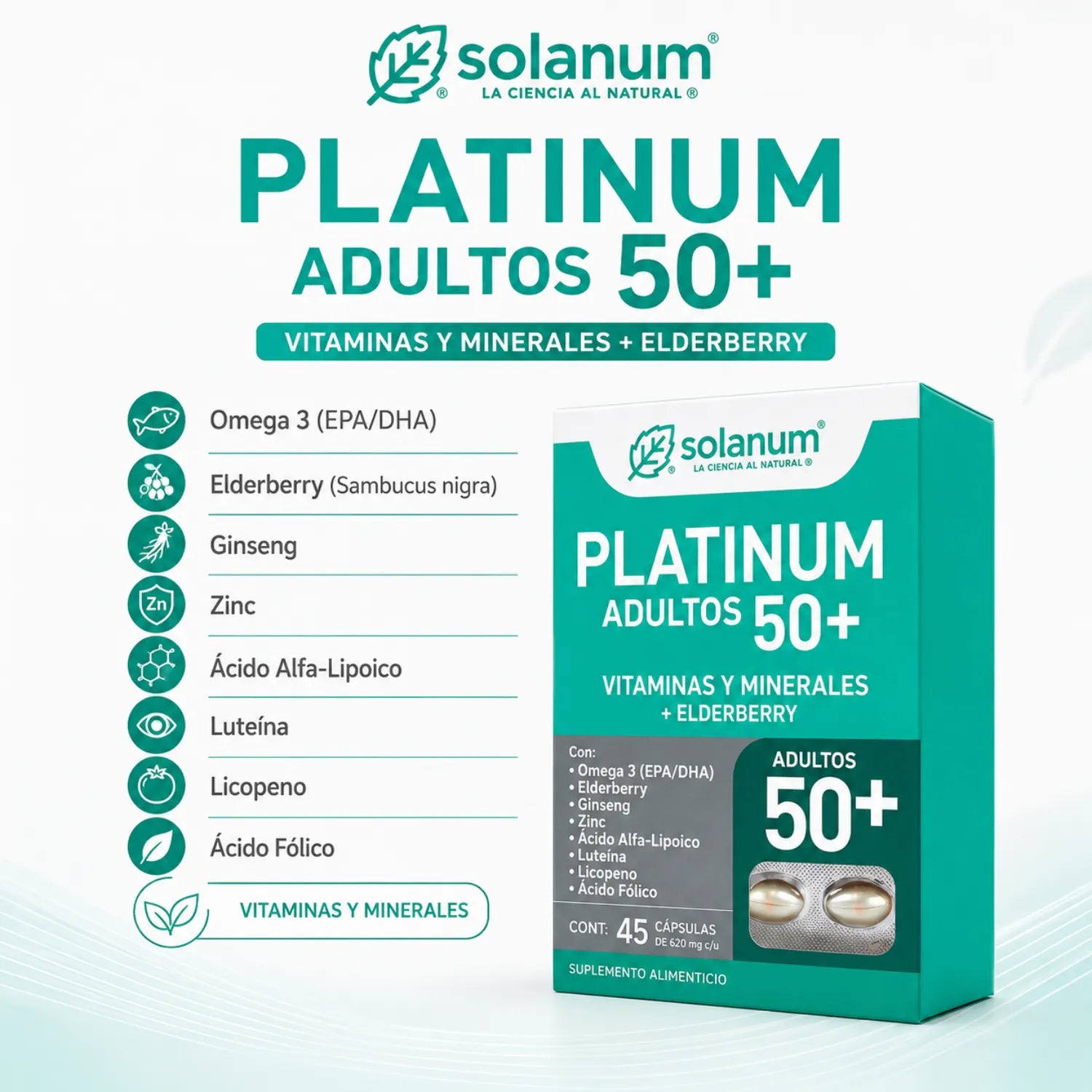 Platinum 50+ Vitaminas Minerales + Elderberry Solanum 45caps Sabor Sin Sabor
