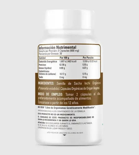 Organic Side Sacha Inchi Orgánica | 400 mg | 60 Cápsulas Vegetales | Ácidos Grasos Esenciales | Suplemento Alimenticio
