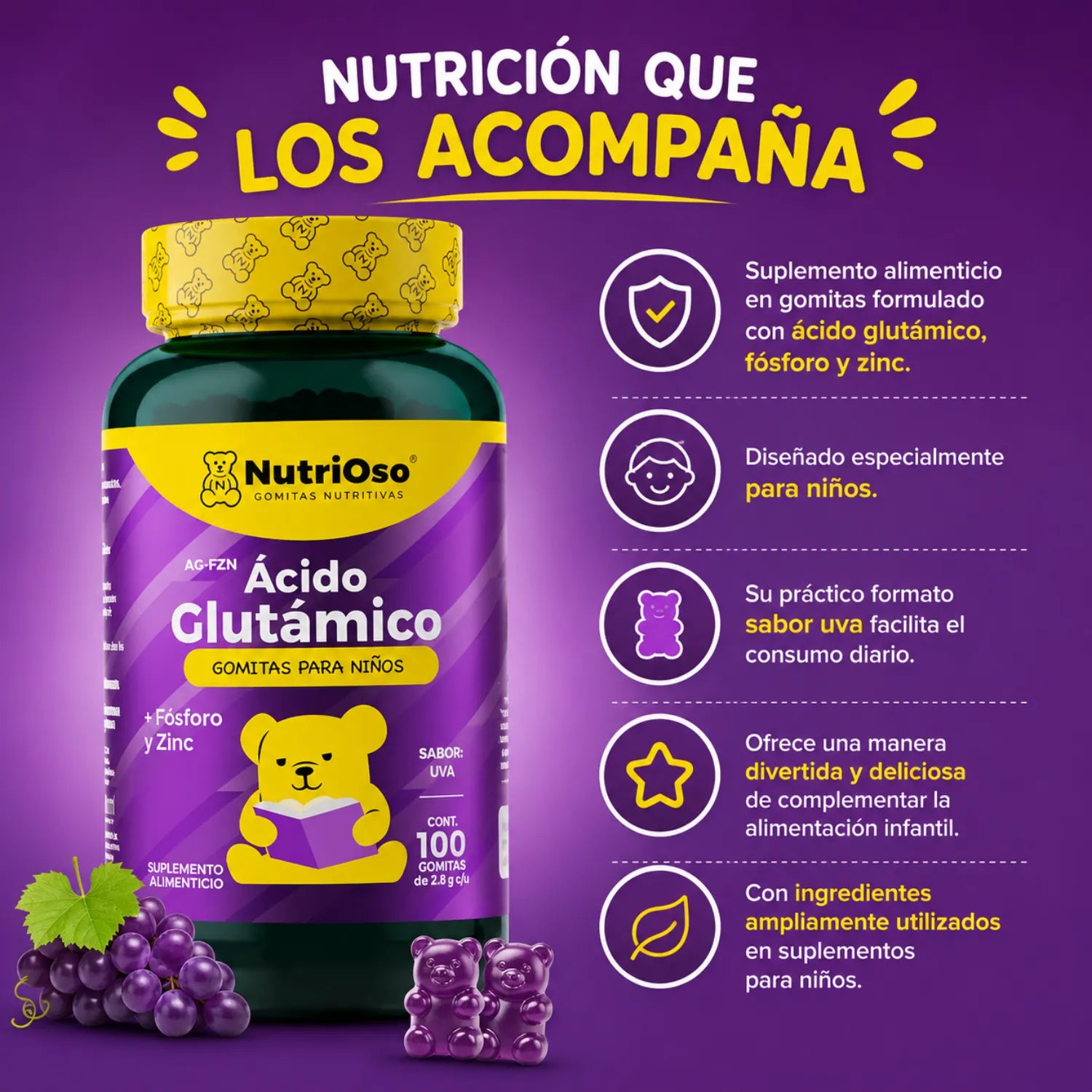 Ácido Glutámico + Fosforo Y Zinc 100 Gomitas Para Niños Sfn