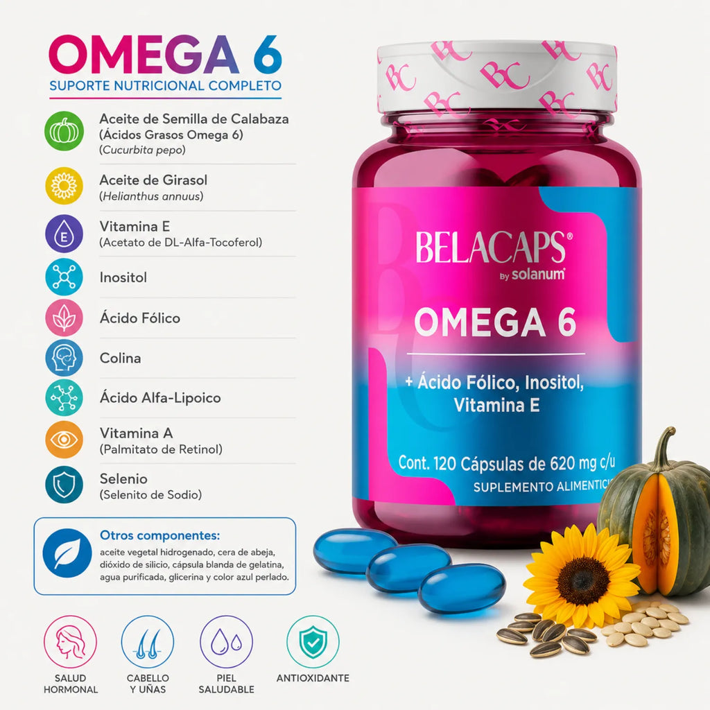 Solanum Cápsulas de Omega 6 + Ácido Fólico, Inositol, Vitamina E.120 capsulas