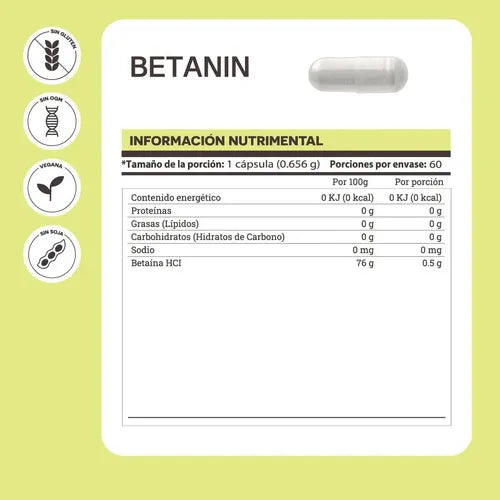 Matter Betanin Betaína HCL | 656 mg | 60 Cápsulas Vegetales | Salud Estomacal y Bienestar Digestivo | Suplemento Alimenticio