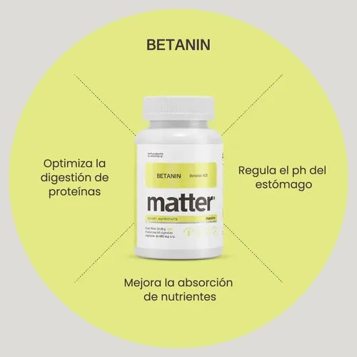 Matter Betanin Betaína HCL | 656 mg | 60 Cápsulas Vegetales | Salud Estomacal y Bienestar Digestivo | Suplemento Alimenticio
