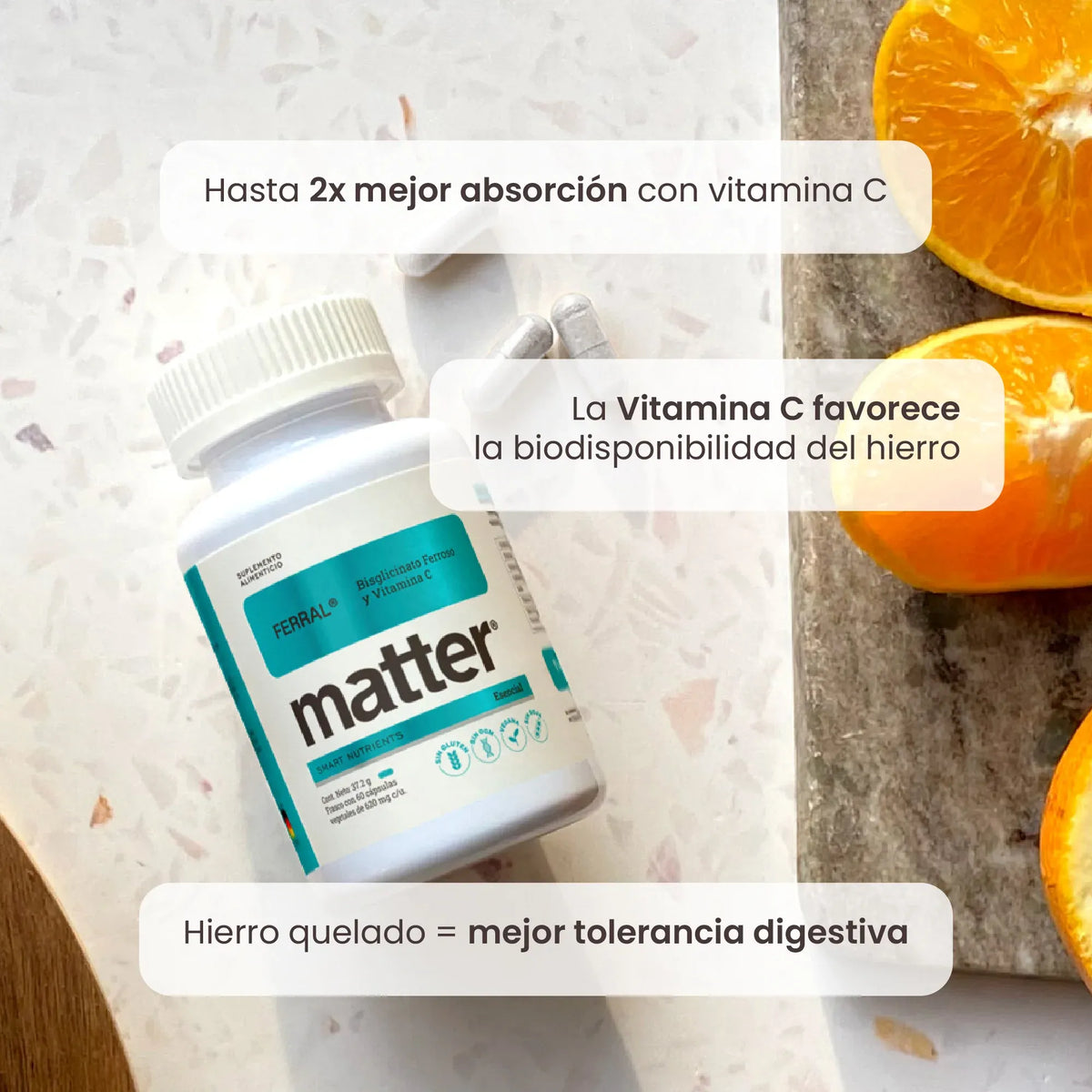 MATTER SMART NUTRIENTS. Ferral Bisglicinato Ferroso. Cápsulas de Hierro y Vitamina C