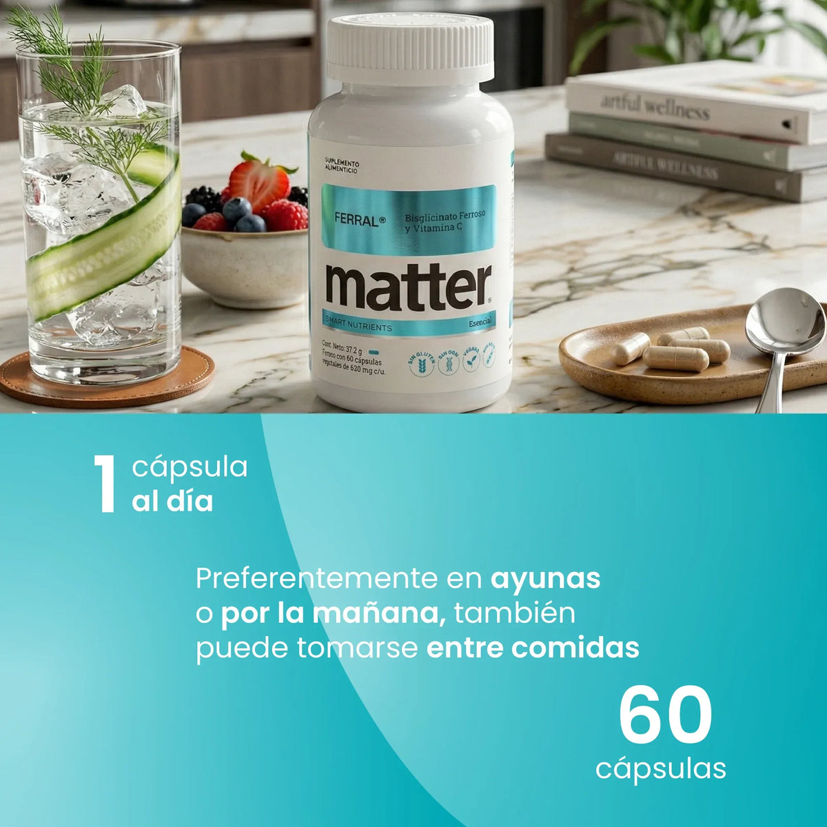 MATTER SMART NUTRIENTS. Ferral Bisglicinato Ferroso. Cápsulas de Hierro y Vitamina C