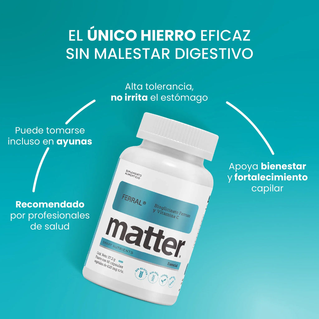 MATTER SMART NUTRIENTS. Ferral Bisglicinato Ferroso. Cápsulas de Hierro y Vitamina C