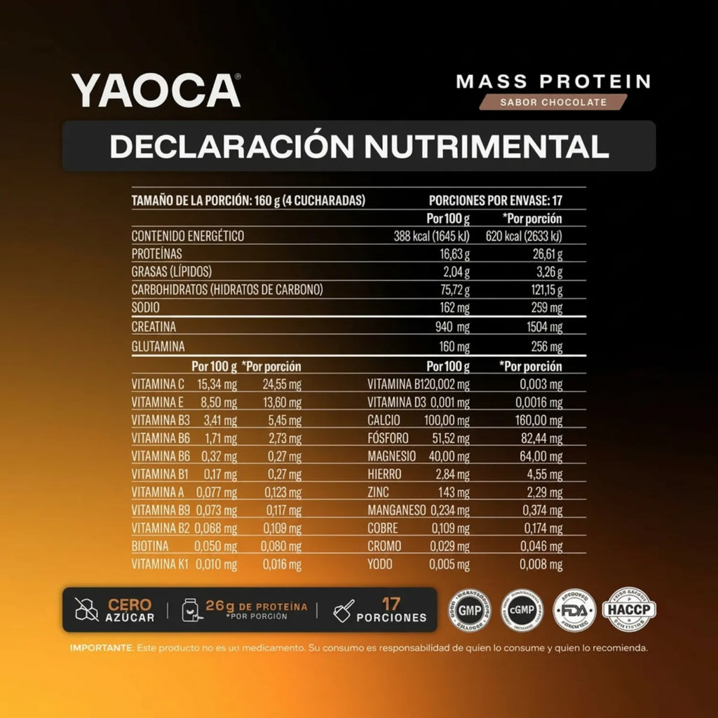 Ganador de Peso Mass I Yaoca I  6lb I Sabor Chocolate I Sin Azúcar