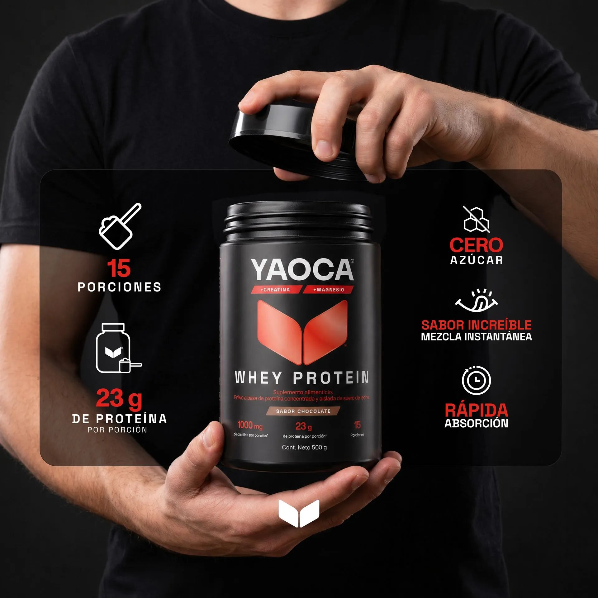 YAOCA Proteína Whey Polvo Chocolate 500g