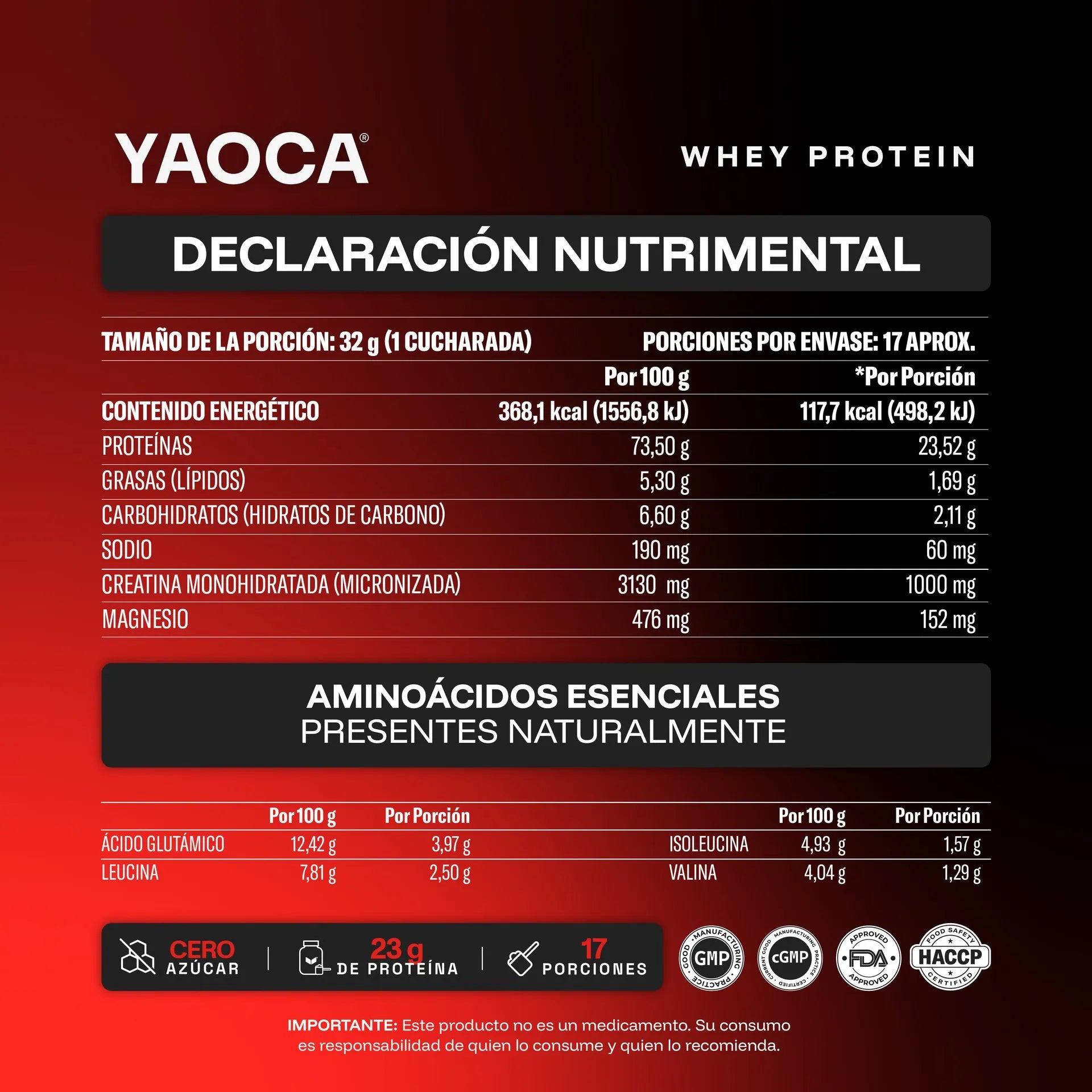 YAOCA Proteína Whey Polvo Chocolate 500g