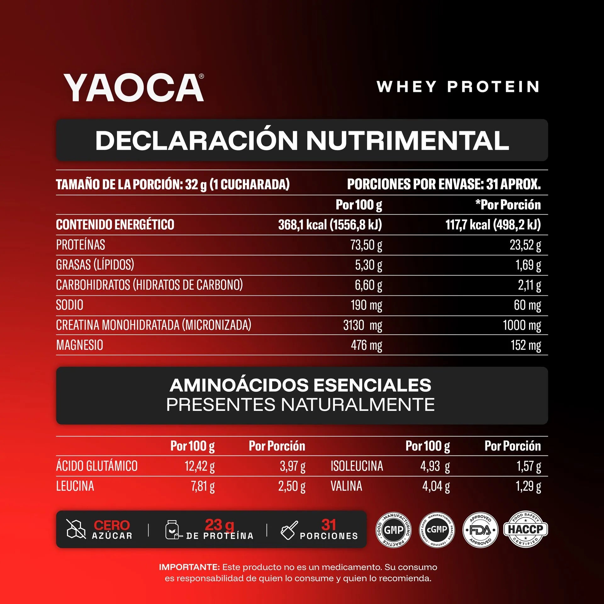 YAOCA Proteína Whey Polvo Chocolate 1kg