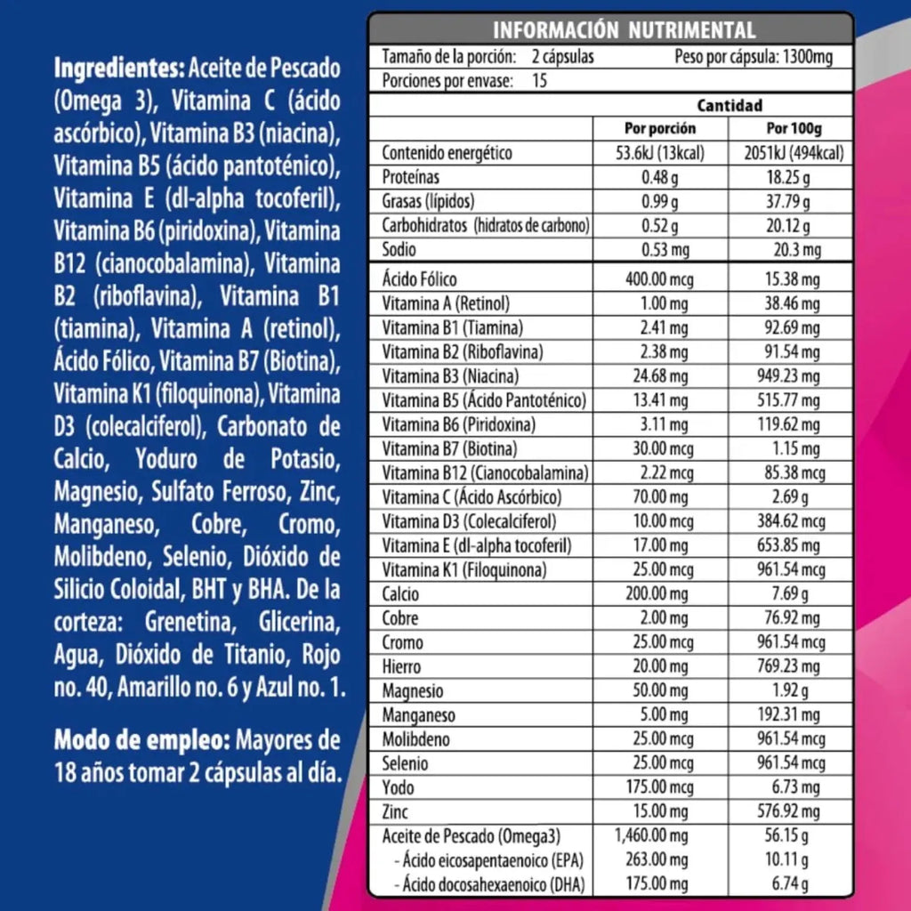 FEM MultiVit | Multivitaminico para Mujer con Omega 3 | 30 Capsulas Softgels | Complemix Fem Conjunto de Vitaminas, Minerales y Omega 3 para la Mujer | Maklen