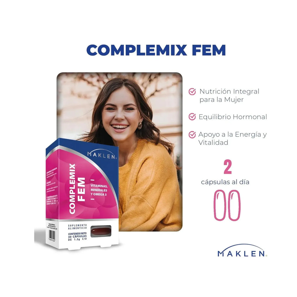 FEM MultiVit | Multivitaminico para Mujer con Omega 3 | 30 Capsulas Softgels | Complemix Fem Conjunto de Vitaminas, Minerales y Omega 3 para la Mujer | Maklen