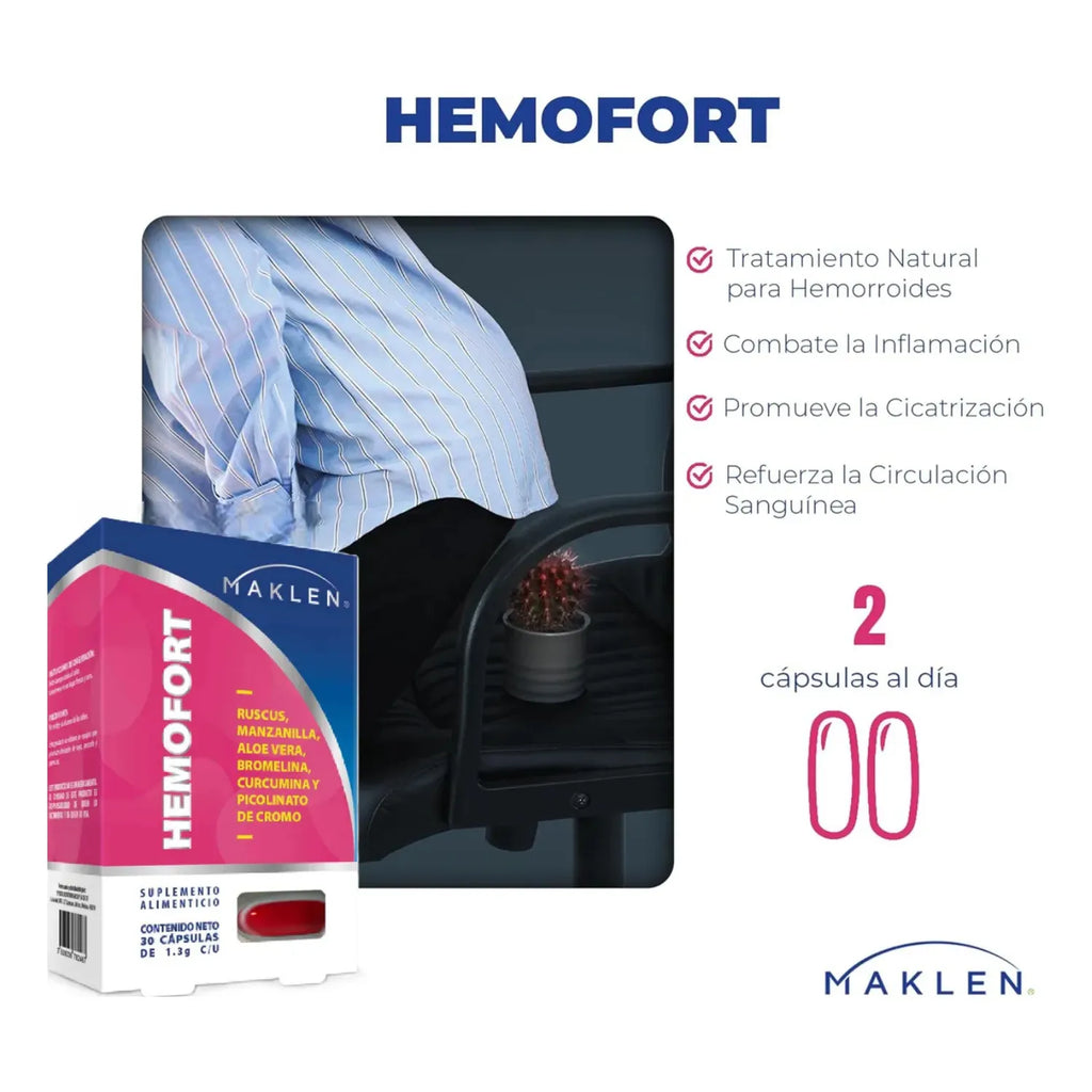 HEMORROID HEMOFORT | Ruscus, Manzanilla, Aloe Vera, Bromelina, Curcumina, Picolinato de Cromo | 30 Cápsulas Softgel de 1300mg |