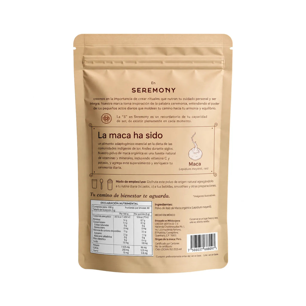 Seremony Maca Peruana Orgánica 200 g | 40 Porciones | Polvo de raíz de maca peruana | 100% orgánica y vegana | Ingrediente único | Suplemento alimenticio
