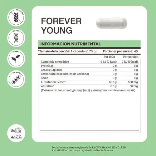 Matter Forever Young | L-Glutatión Setria 500 mg | 45 Cápsulas | Antioxidante | Suplemento Alimenticio