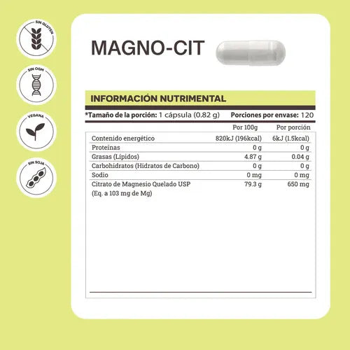 Matter Magno-Cit | Citrato de Magnesio Quelado | 120 Cápsulas | Bienestar Muscular y Nervioso | Suplemento Alimenticio
