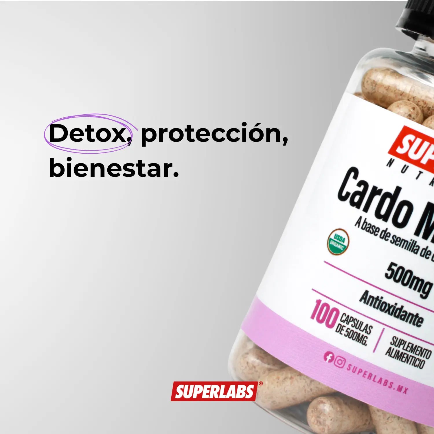 Superlabs Nutrition Cardo Mariano 500 mg - 100 caps | Semilla de Cardo Mariano 100% Pura | Antioxidante natural | Fórmula limpia sin aditivos | Suplemento alimenticio