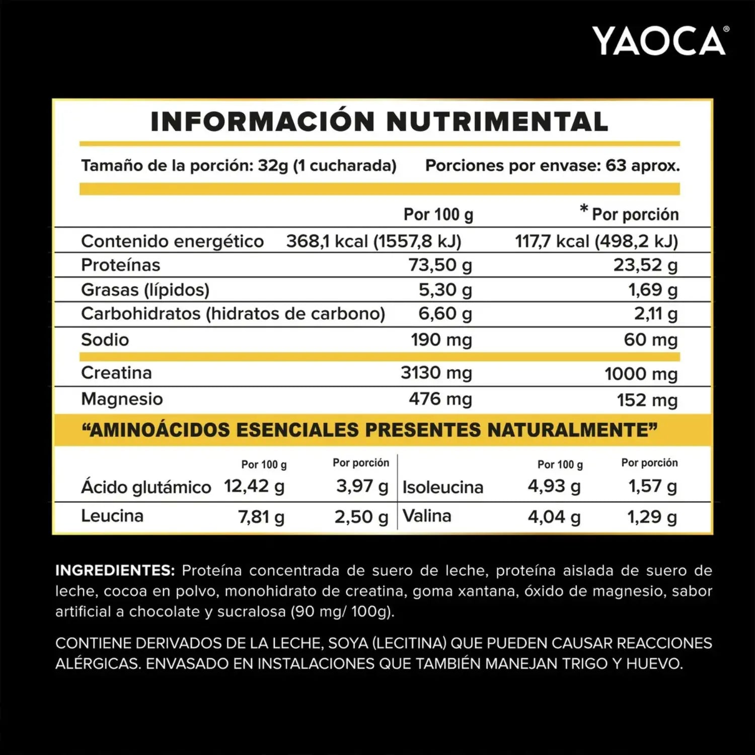 YAOCA Proteína Whey Polvo Chocolate 4.5lb