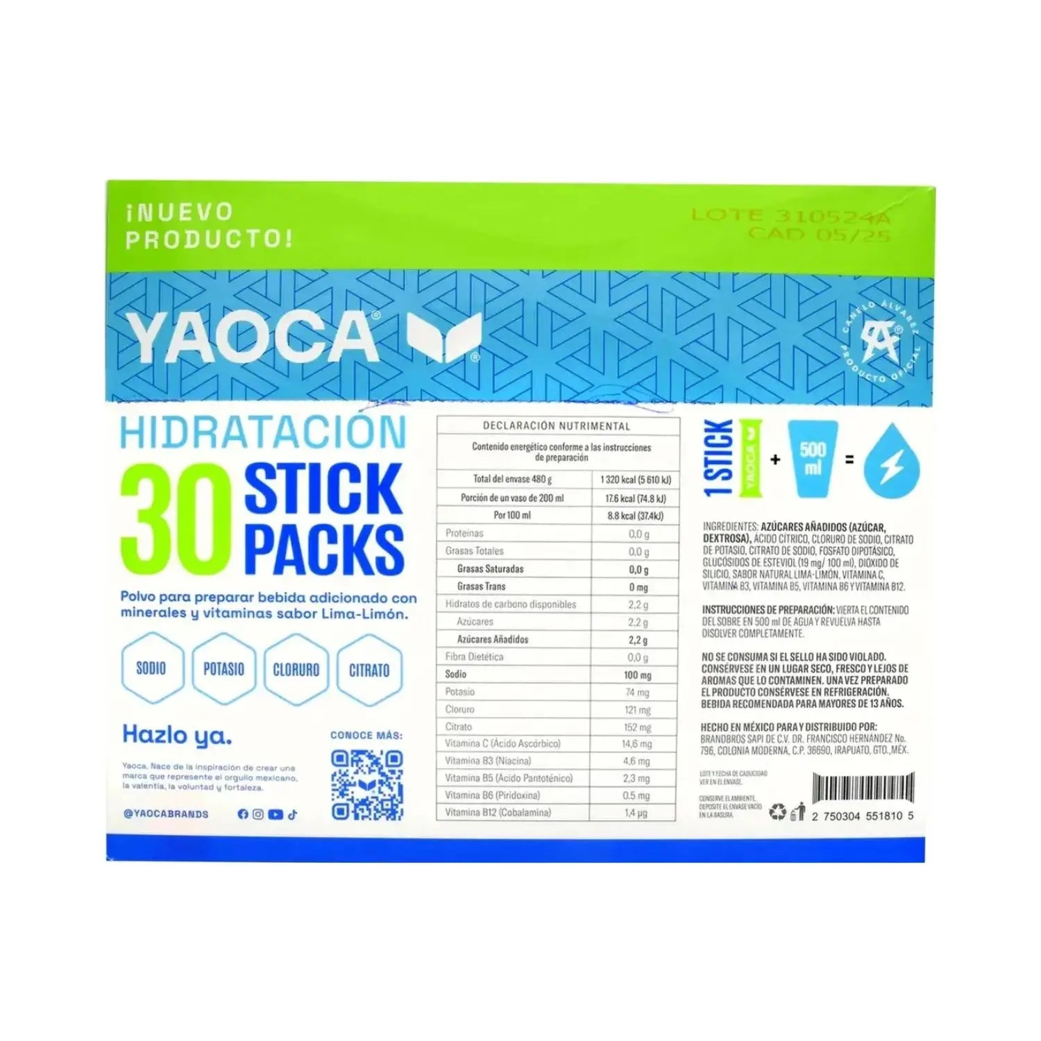 YAOCA Hidratación polvo Lima Limón 30 pack de 16g