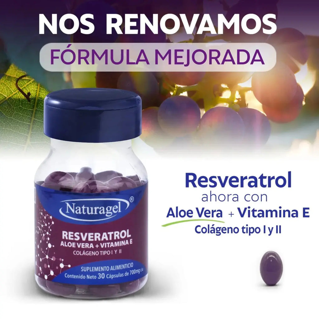 Naturagel Resveratrol Con Aloe Vera + Vitamina E + Colageno tipo I & II Con 30 Capsulas