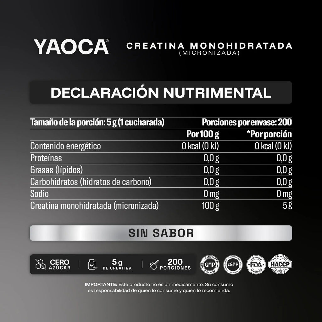 Creatina Monohidratada Micronizada En Polvo Alta Pureza  I Yaoca I 1 Kg I 200 Servicios I Sin Sabor I Sin Azúcar