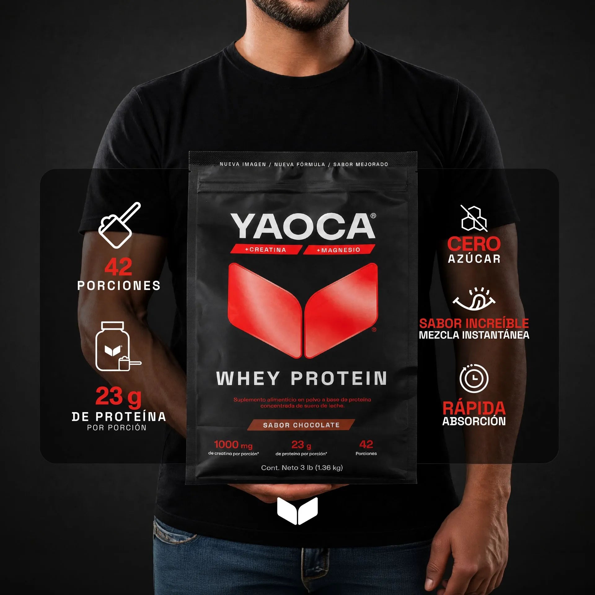 Whey Protein I Yaoca I 3 Lb I 42 Servicios I Sin Azúcar I Sabor Chocolate