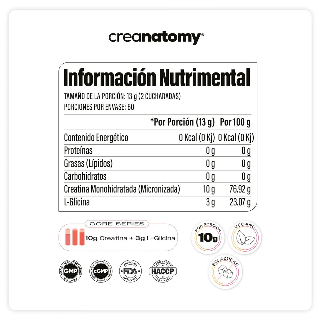 Creanatomy core series Creatina monohiidratada sin sabor 780gr, 60 porciones
