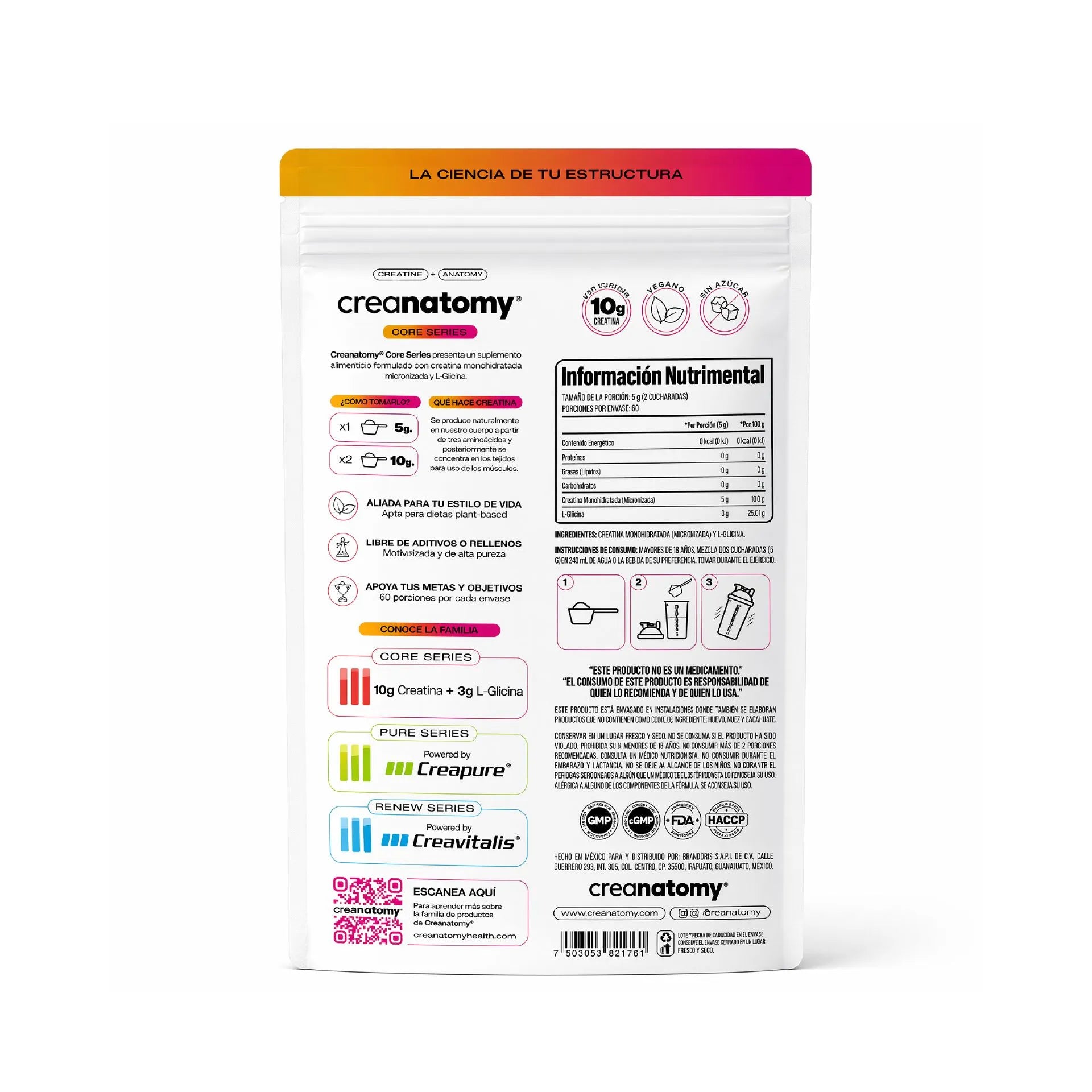 Creanatomy core series Creatina monohiidratada sin sabor 780gr, 60 porciones