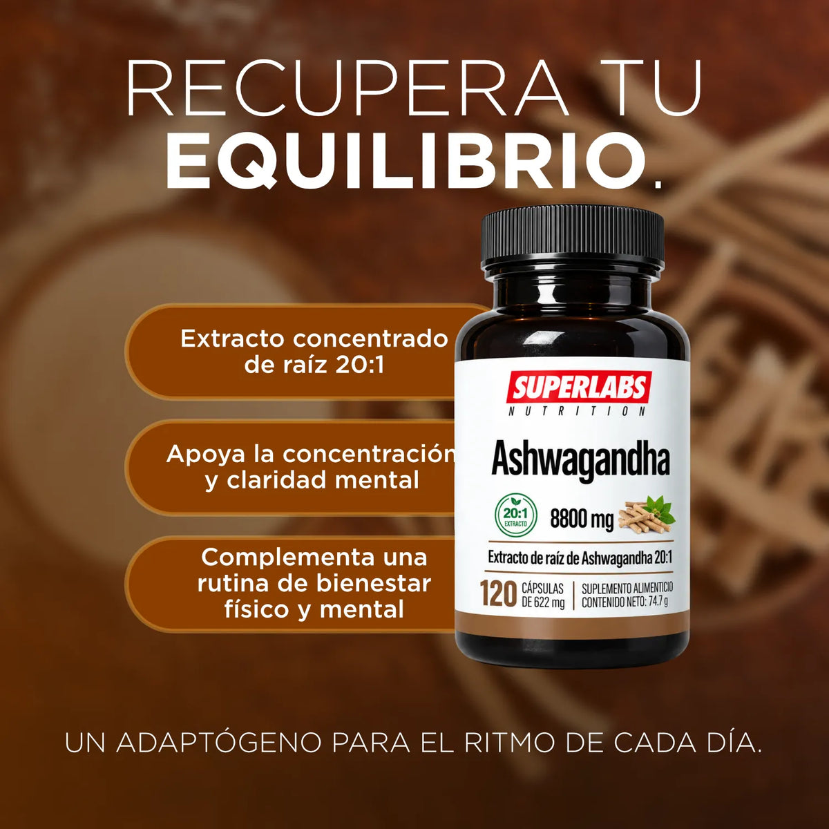 Ashwagandha 8800 mg Superlabs Nutrition 120 Cápsulas Extracto de Raíz 20:1 Suplemento Alimenticio para Estrés Relajación Energía y Bienestar General