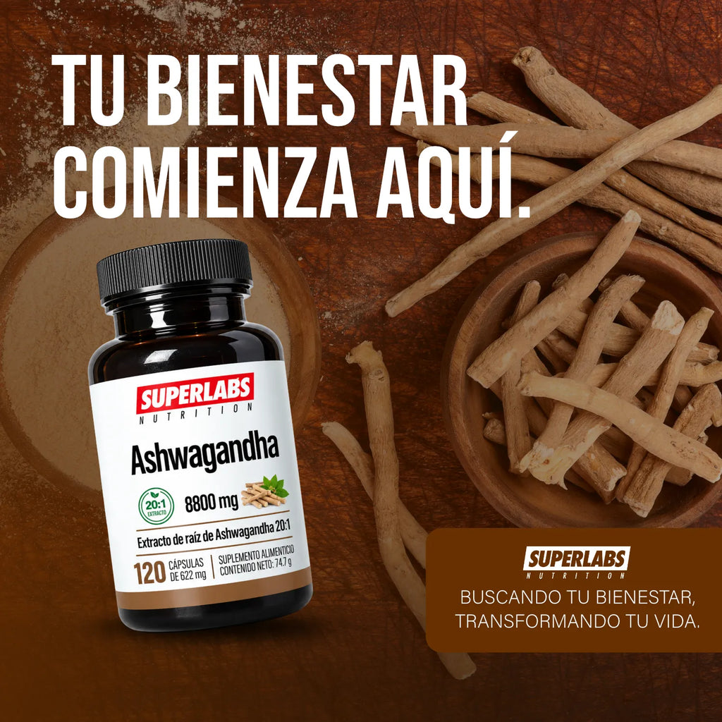 Ashwagandha 8800 mg Superlabs Nutrition 120 Cápsulas Extracto de Raíz 20:1 Suplemento Alimenticio para Estrés Relajación Energía y Bienestar General