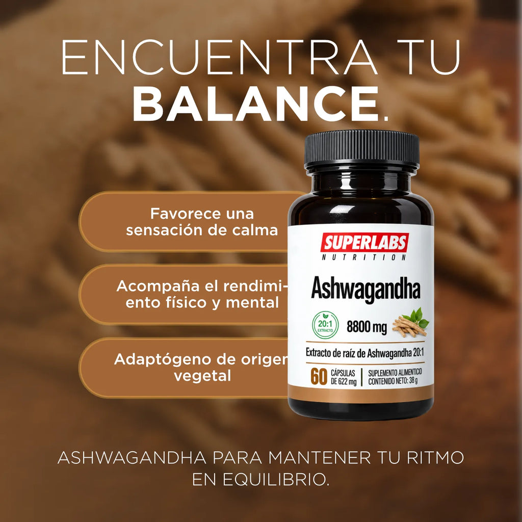 Ashwagandha 8800 mg Superlabs Nutrition 60 Cápsulas Extracto de Raíz 20:1 Suplemento Alimenticio para Estrés Relajación Energía y Bienestar General